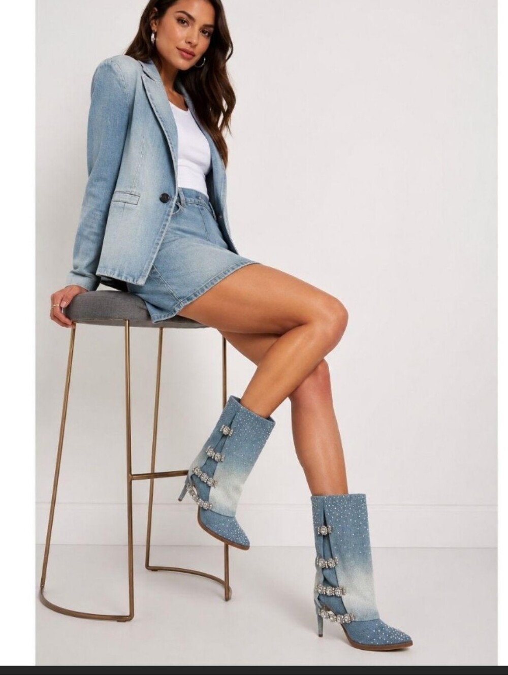Thalia Sodi Denim Ombre Rhinestone Crystal Buckle Boots Size 6 NEW - Picture 2 of 14